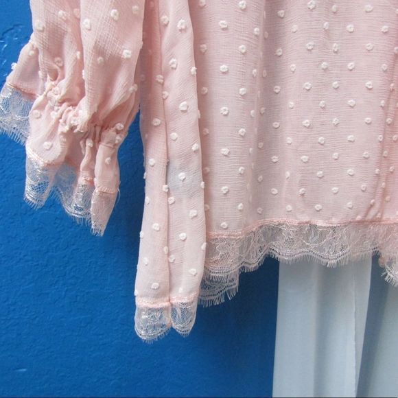 Swiss dot pink ruffle blouse with front buttons and lace detail - Picture 10 of 13